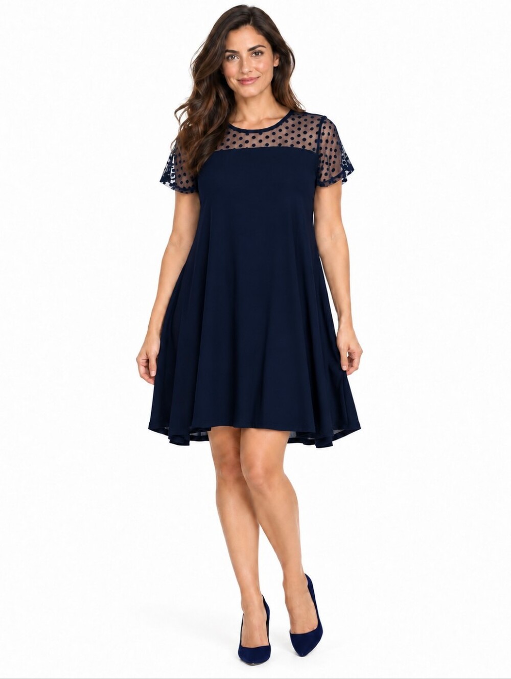 Nina Leonard Sheer Yoke Navy A-Line Dress